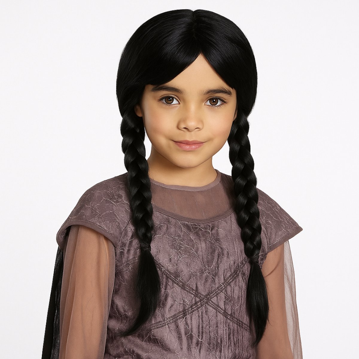 Joya Kids® Zwarte Wednesday Pruik Donker Haar met 2 Vlechten | Pruik Kinderen Lang Zwart Haar met Vlechten | Meisjes verkleedpruik Halloween | Prinses Pruik